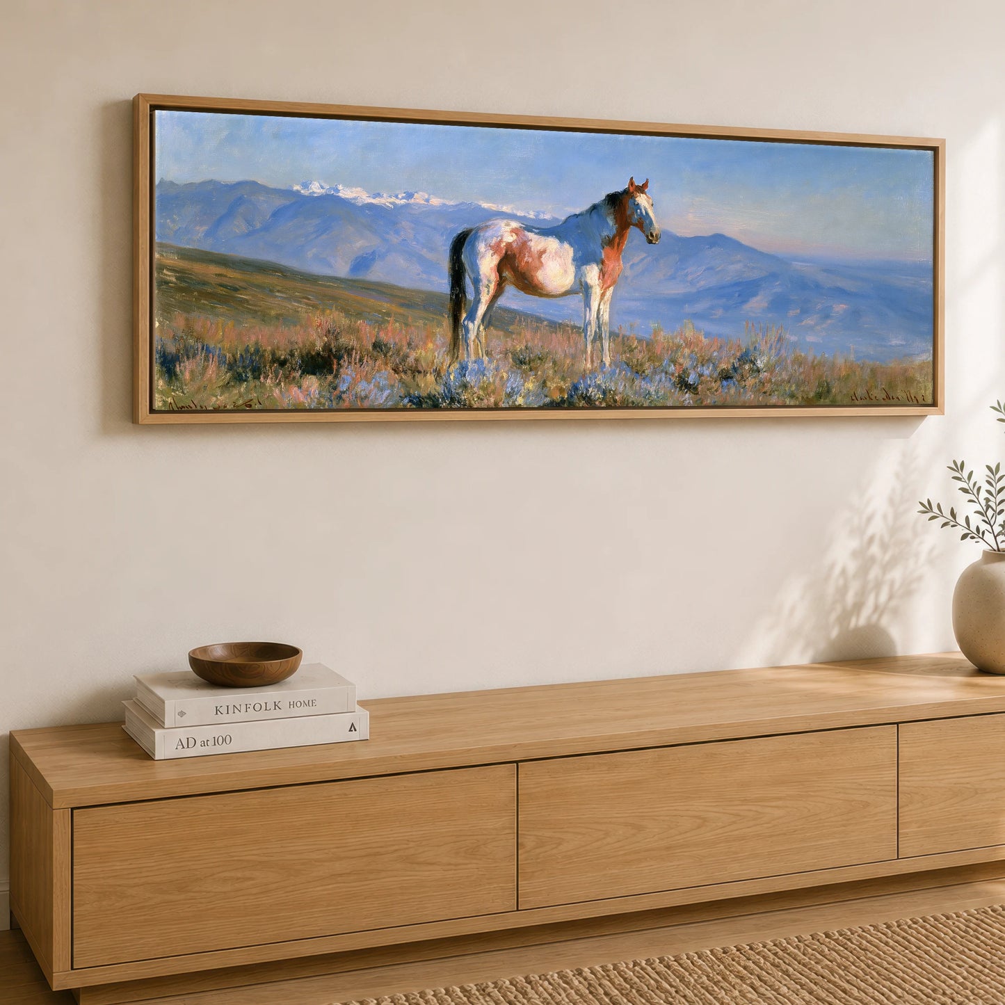 High Country Spirit Horse Landscape panoramic canvas wall art displayed above a sideboard