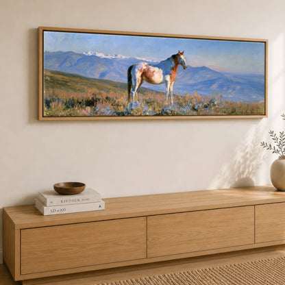 High Country Spirit Horse Landscape panoramic canvas wall art displayed above a sideboard