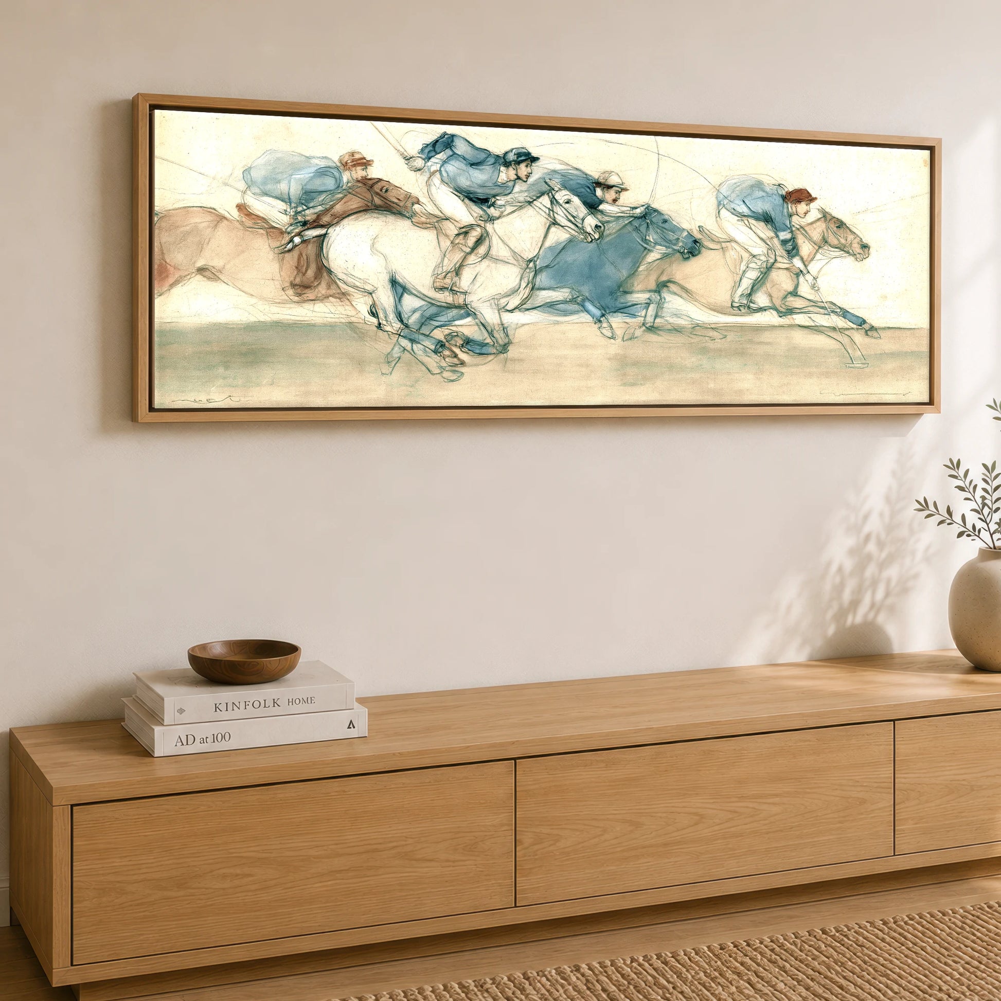The Polo Sequence Polo Horse panoramic canvas wall art displayed above a sideboard