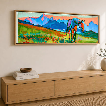 Technicolour Mountain Grazing Horse Landscape panoramic canvas wall art displayed above a sideboard