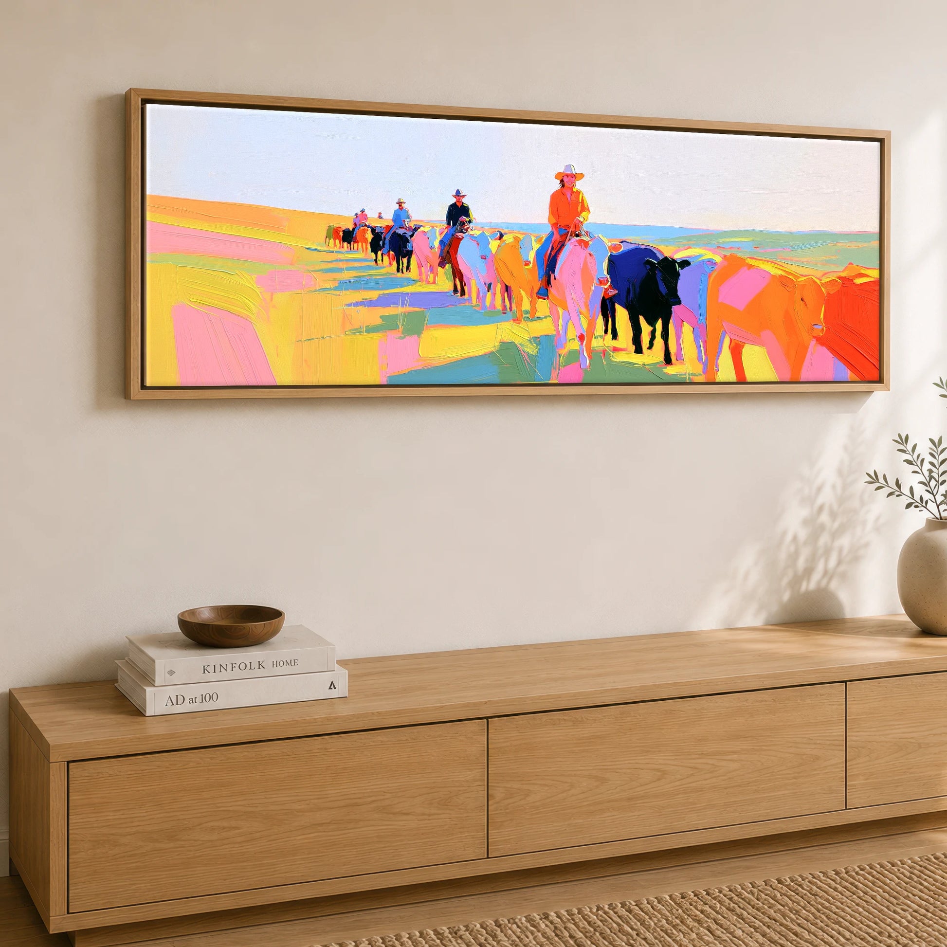 Painted Western Range Western Horse panoramic canvas wall art displayed above a sideboard