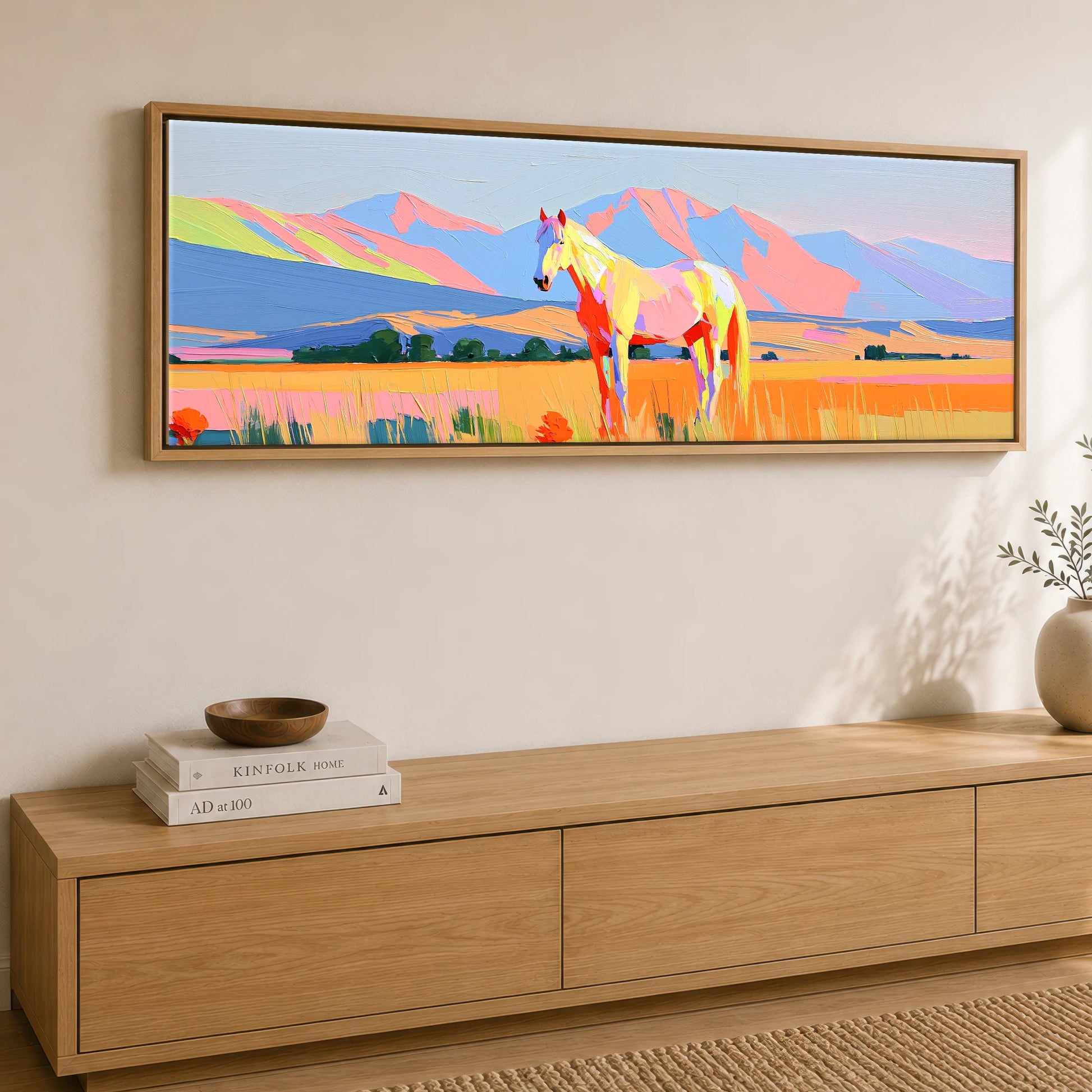 Technicolour Mountain Pasture Horse Landscape panoramic canvas wall art displayed above a sideboard