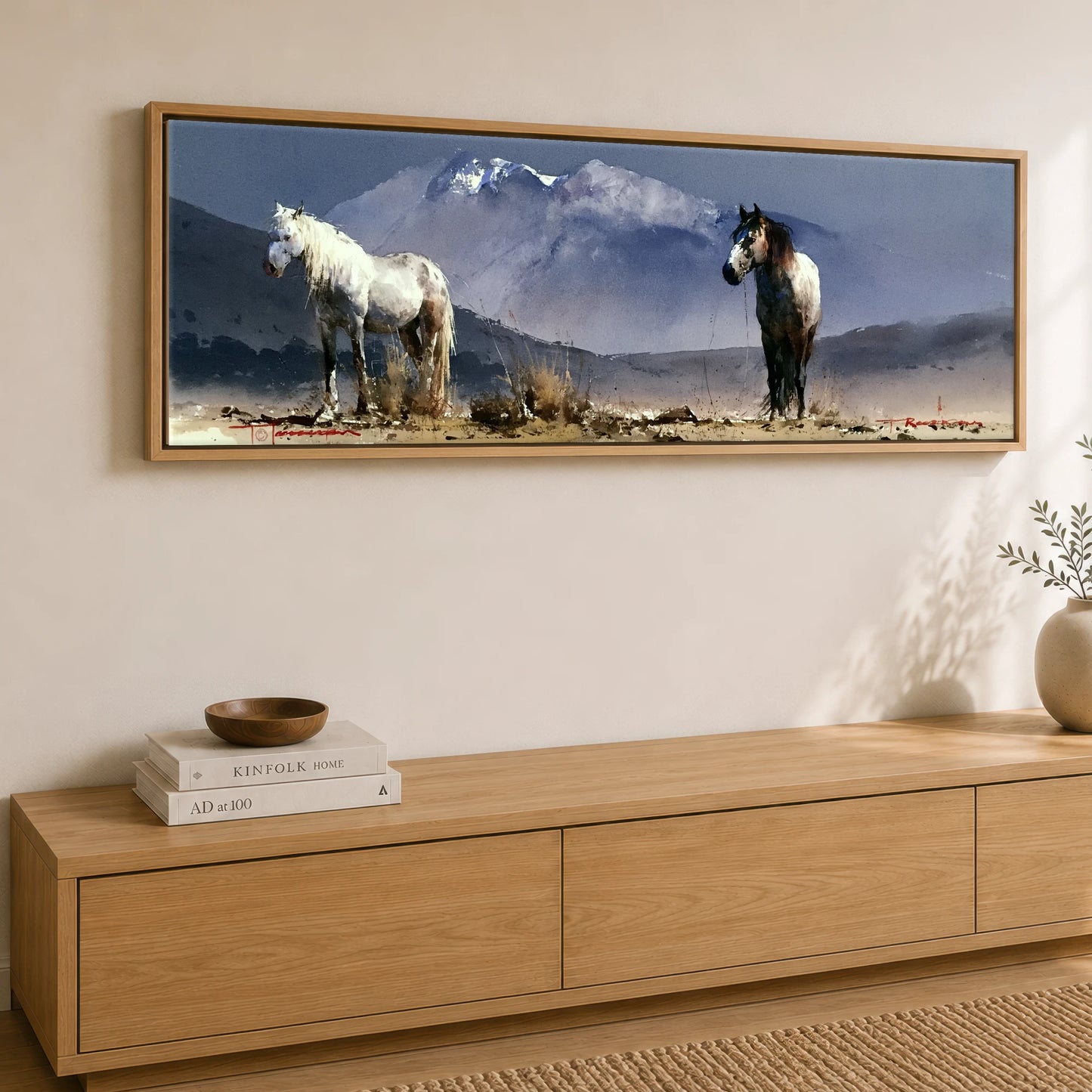 Mountain Solitude Horse Landscape panoramic canvas wall art displayed above a sideboard