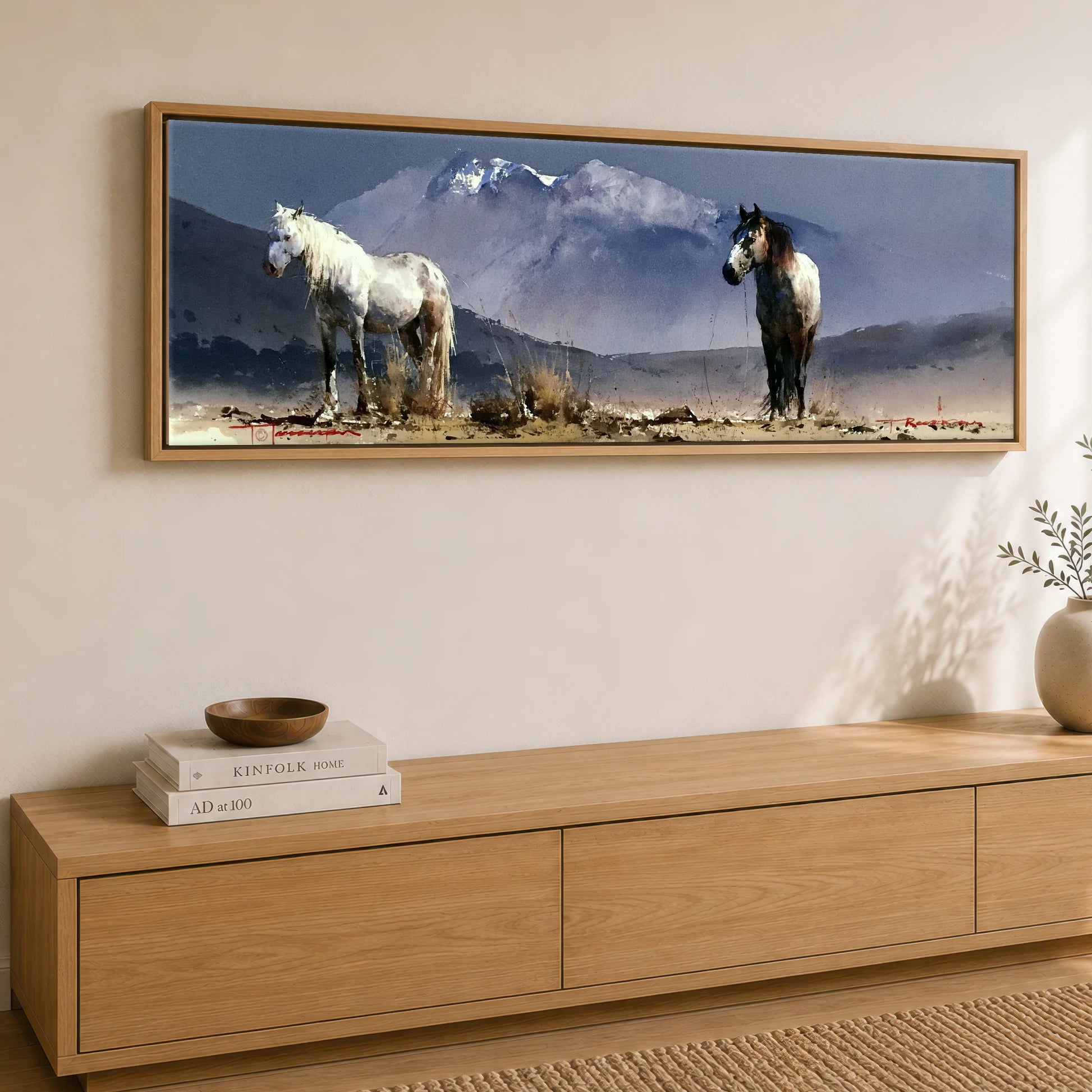 Mountain Solitude Horse Landscape panoramic canvas wall art displayed above a sideboard