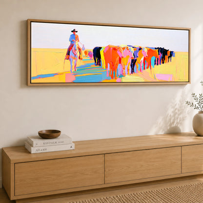 Vibrant Cattle Drive Western Horse panoramic canvas wall art displayed above a sideboard