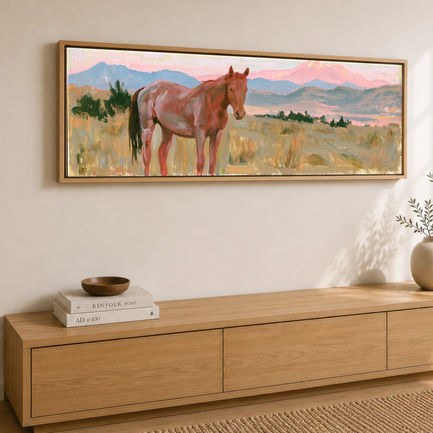 Pastel Mountain Morning Horse Landscape panoramic canvas wall art displayed above a sideboard