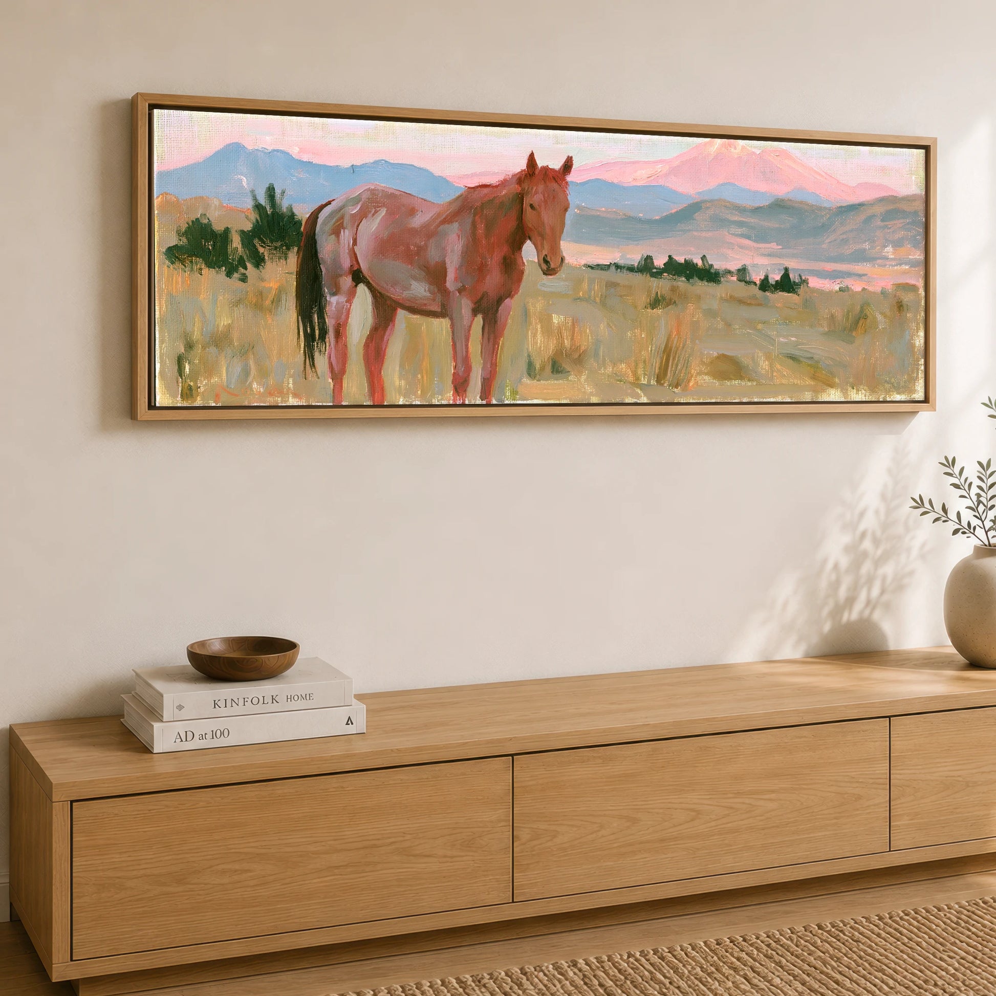 Pastel Mountain Morning Horse Landscape panoramic canvas wall art displayed above a sideboard