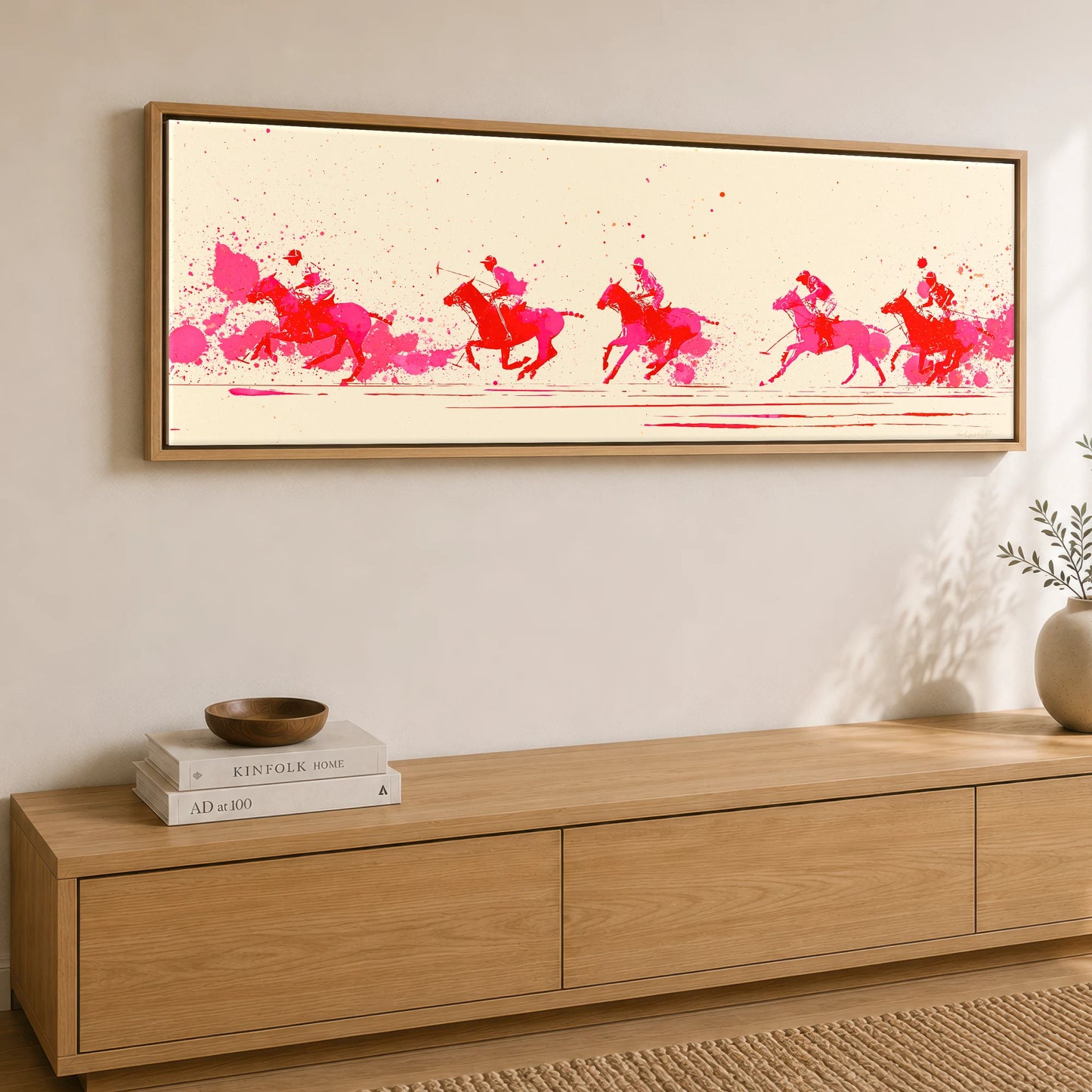 Vivid Polo Pursuit Polo Horse panoramic canvas wall art displayed above a sideboard