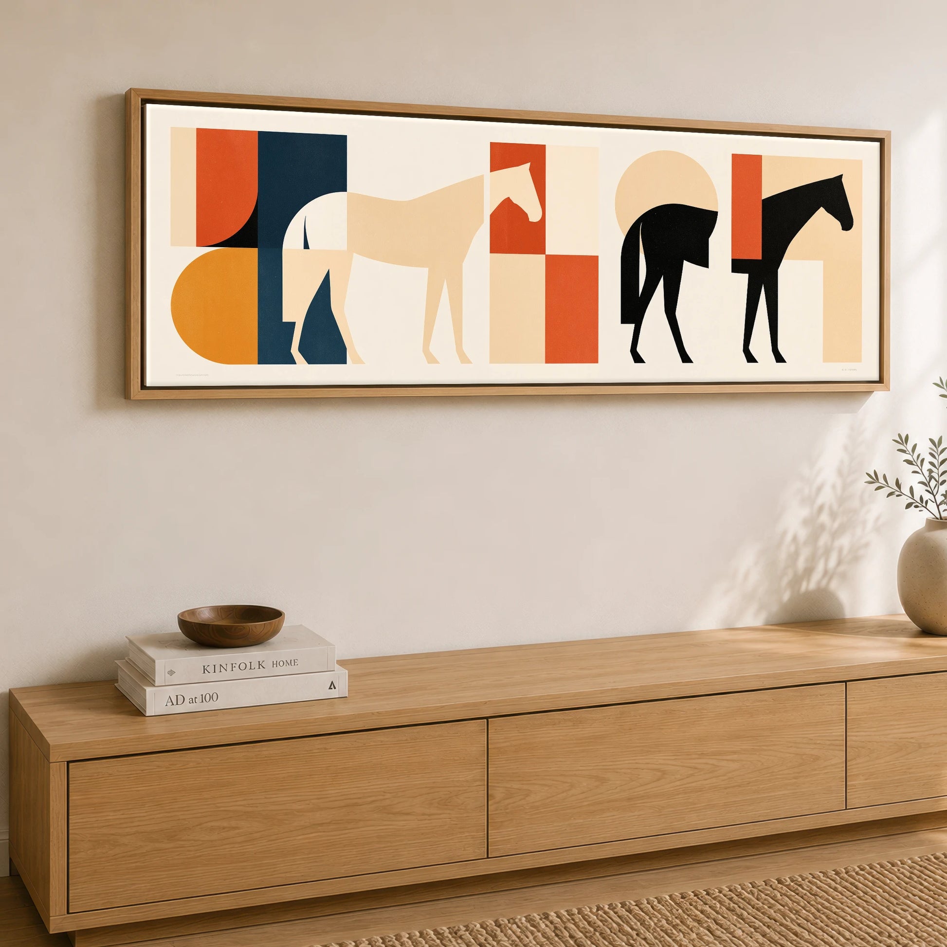 Abstract Equine Geometry Horse Landscape panoramic canvas wall art displayed above a sideboard