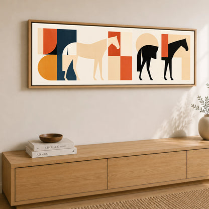 Abstract Equine Geometry Horse Landscape panoramic canvas wall art displayed above a sideboard