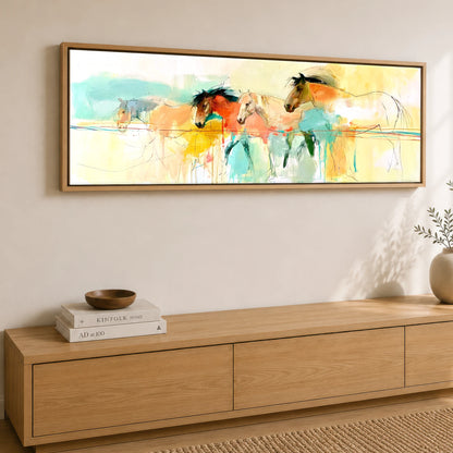 Vibrant Equine Horizon Horse Landscape panoramic canvas wall art displayed above a sideboard