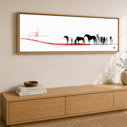 Crimson Horizon Herd Wild Horses panoramic canvas wall art displayed above a sideboard