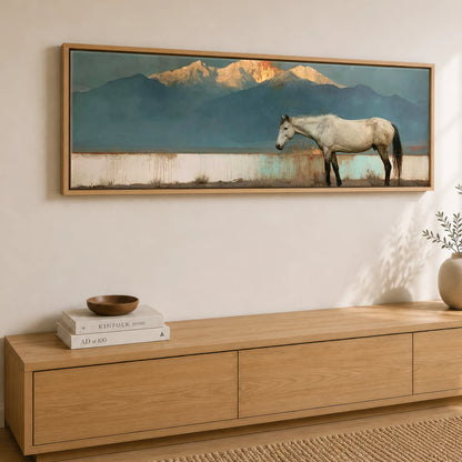 The Gilded Peak Horse Landscape panoramic canvas wall art displayed above a sideboard