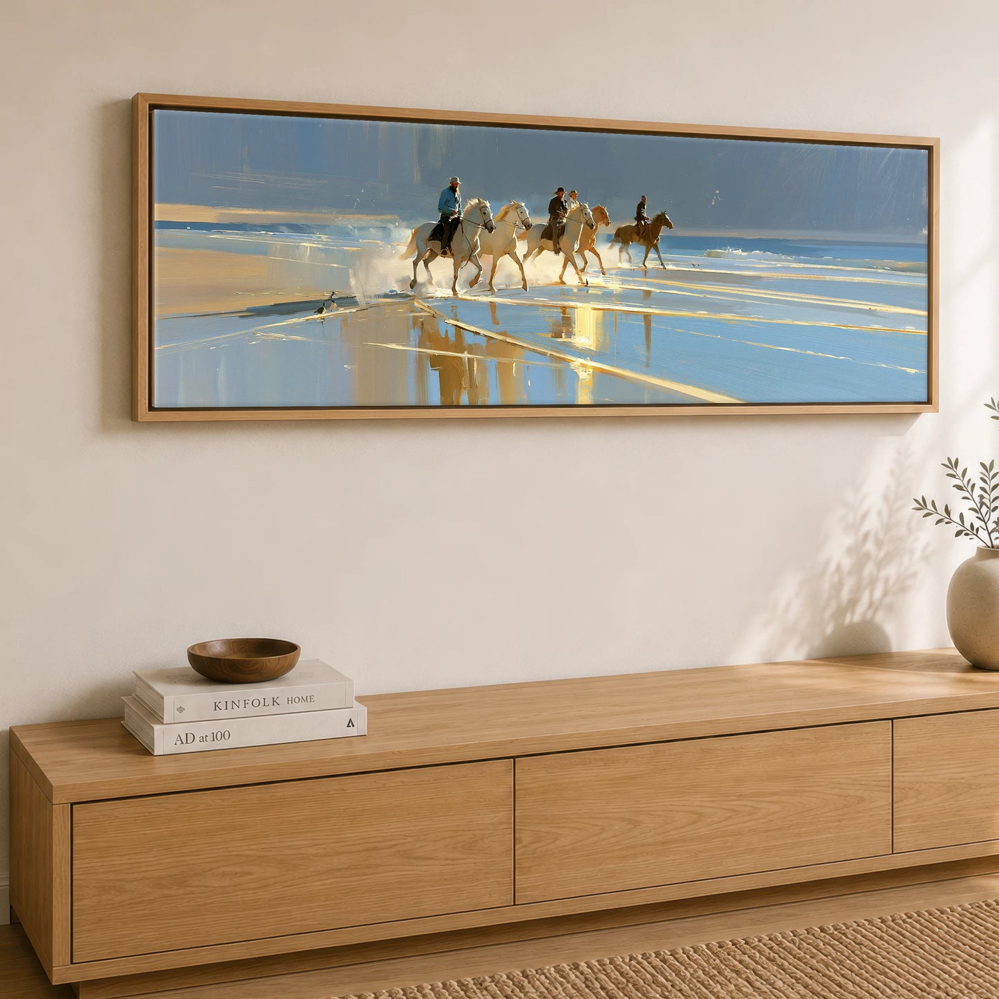Sunlit Shoreline Ride Beach Horse panoramic canvas wall art displayed above a sideboard