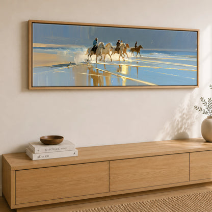 Sunlit Shoreline Ride Beach Horse panoramic canvas wall art displayed above a sideboard