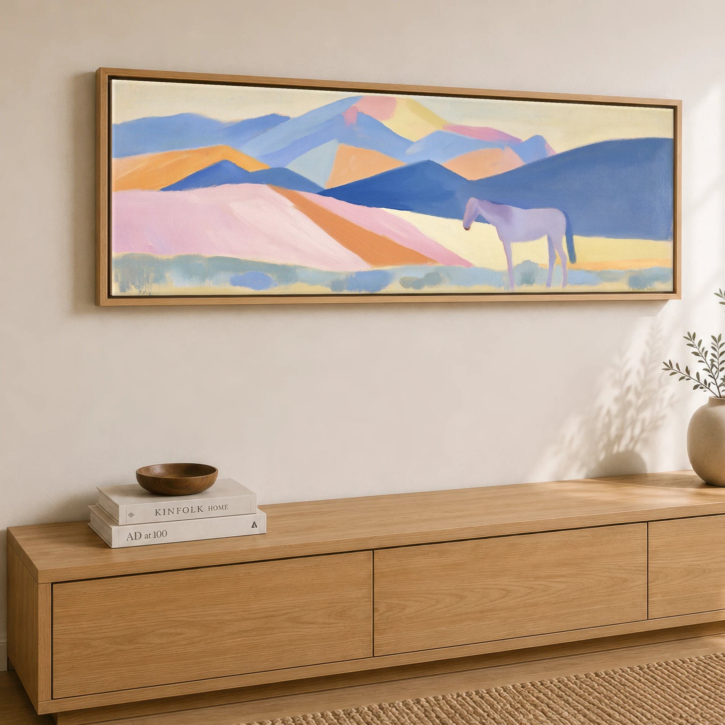 Lavender Mountain Horizon Horse Landscape panoramic canvas wall art displayed above a sideboard