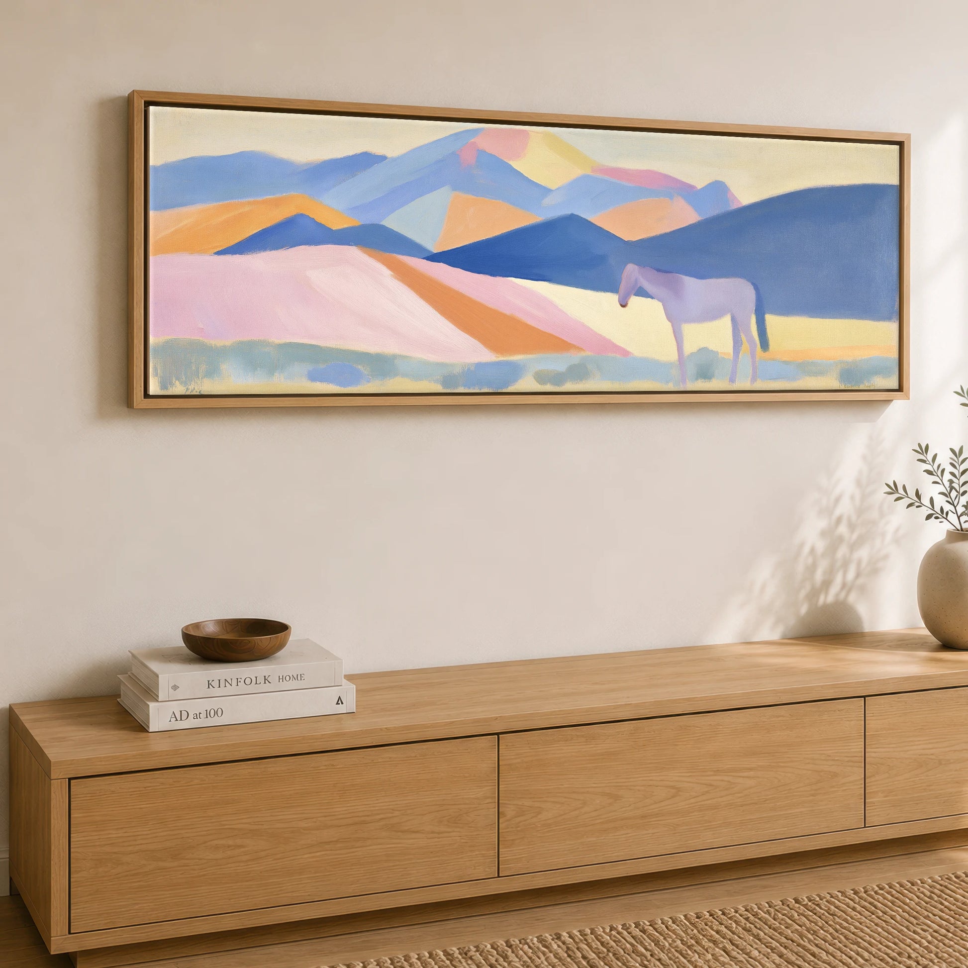 Lavender Mountain Horizon Horse Landscape panoramic canvas wall art displayed above a sideboard