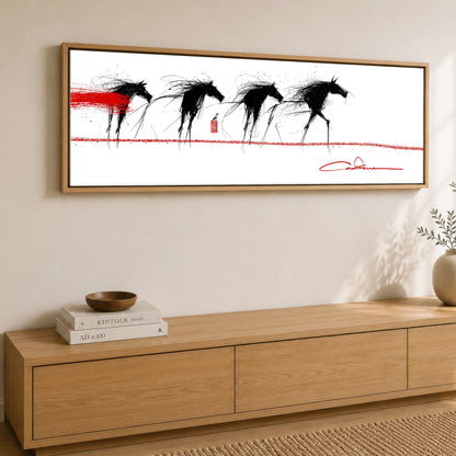 The Crimson Line Wild Horses panoramic canvas wall art displayed above a sideboard