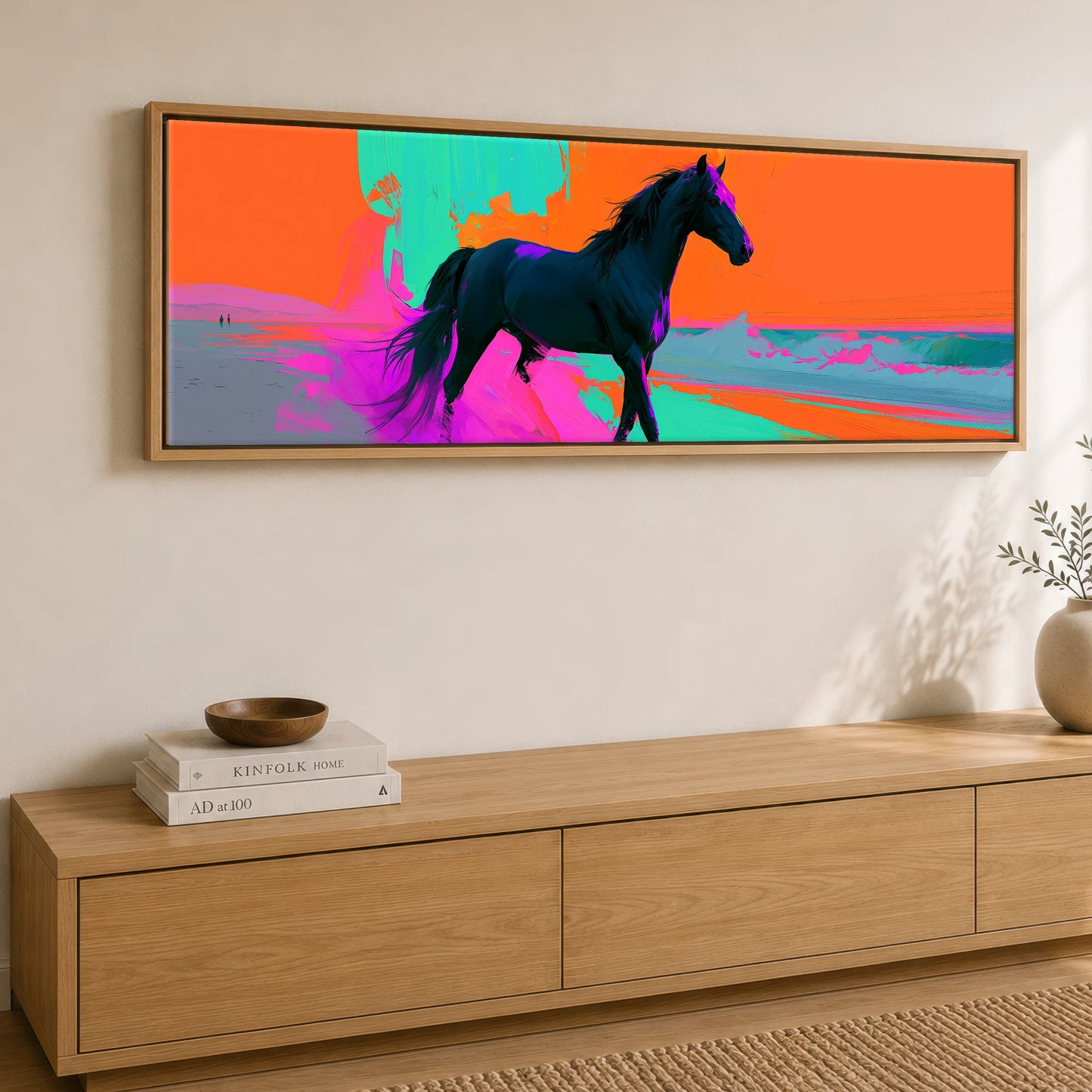 Electric Equine Horizon Horse Landscape panoramic canvas wall art displayed above a sideboard
