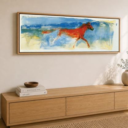 Cobalt and Crimson Canter Horse Landscape panoramic canvas wall art displayed above a sideboard