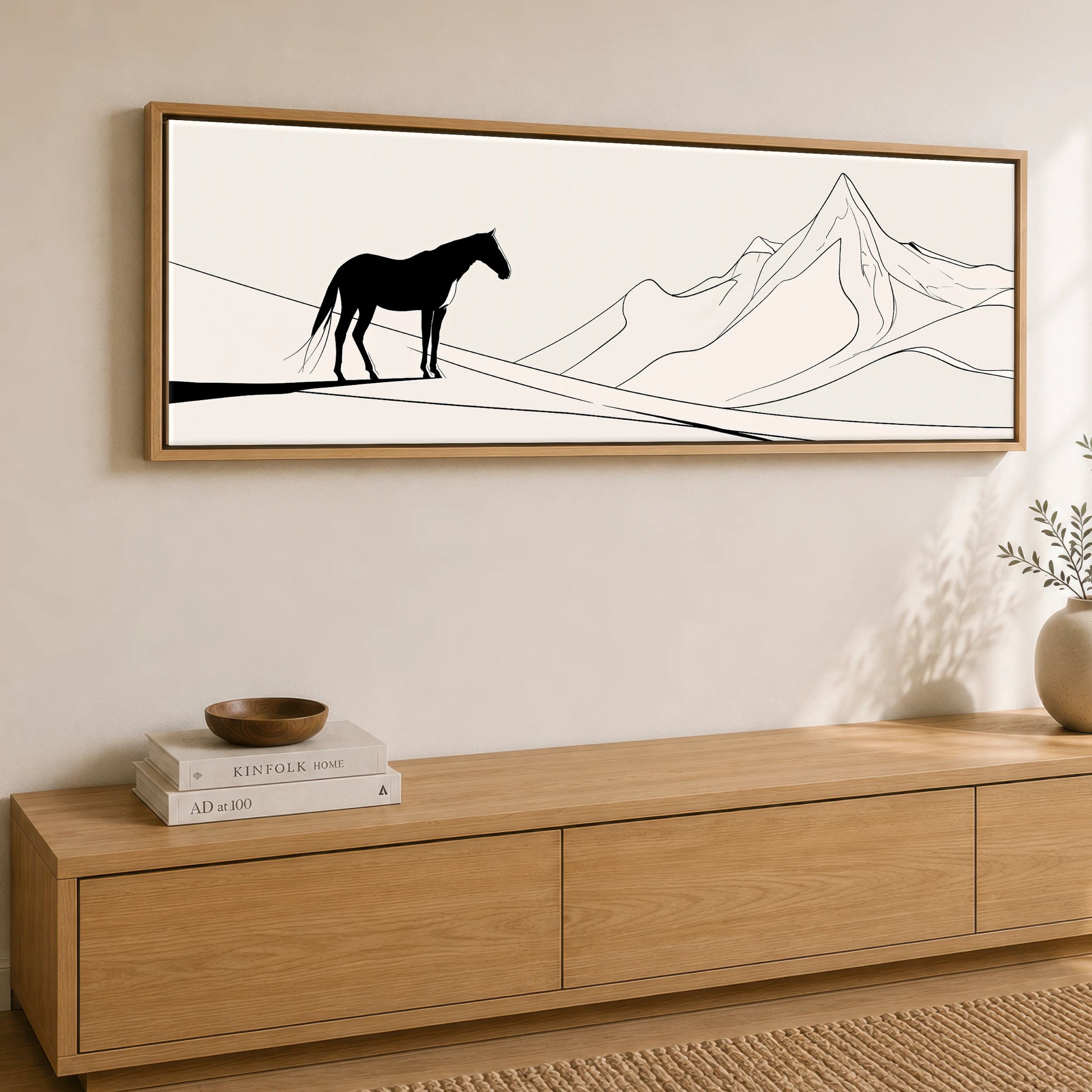 Mountain Contour Silhouette Horse Landscape panoramic canvas wall art displayed above a sideboard