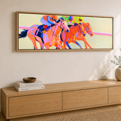 Vivid Finish Line Racing Horse panoramic canvas wall art displayed above a sideboard