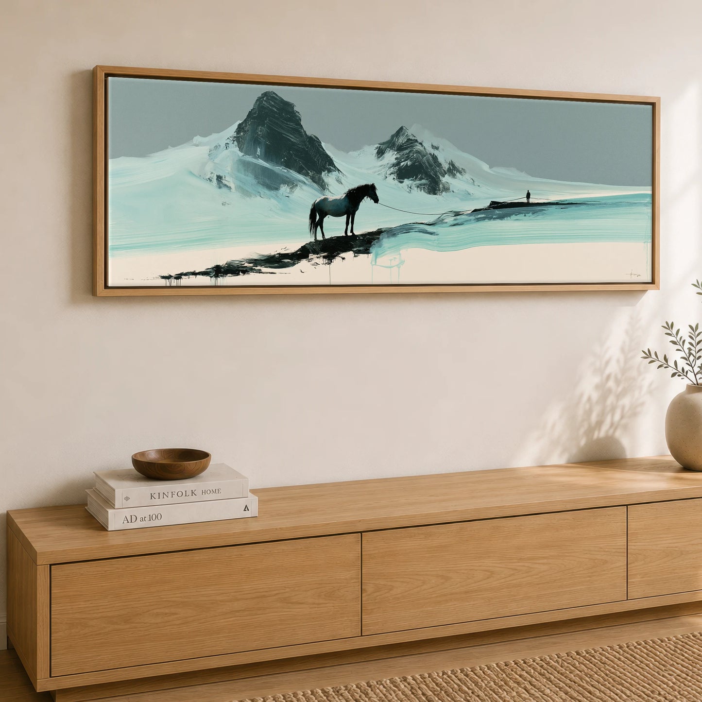 The Long Line Horse Landscape panoramic canvas wall art displayed above a sideboard