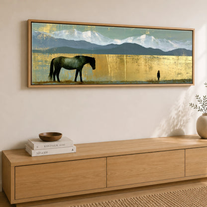 The Golden Expanse Horse Landscape panoramic canvas wall art displayed above a sideboard