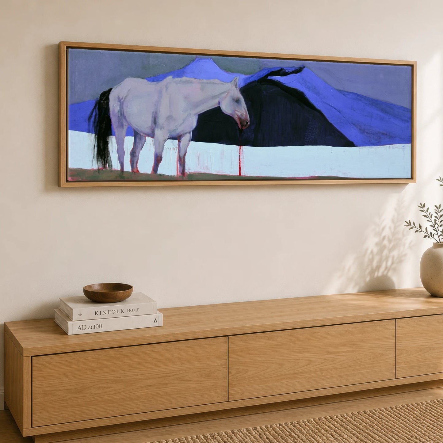 Cobalt and Shadow Horse Landscape panoramic canvas wall art displayed above a sideboard
