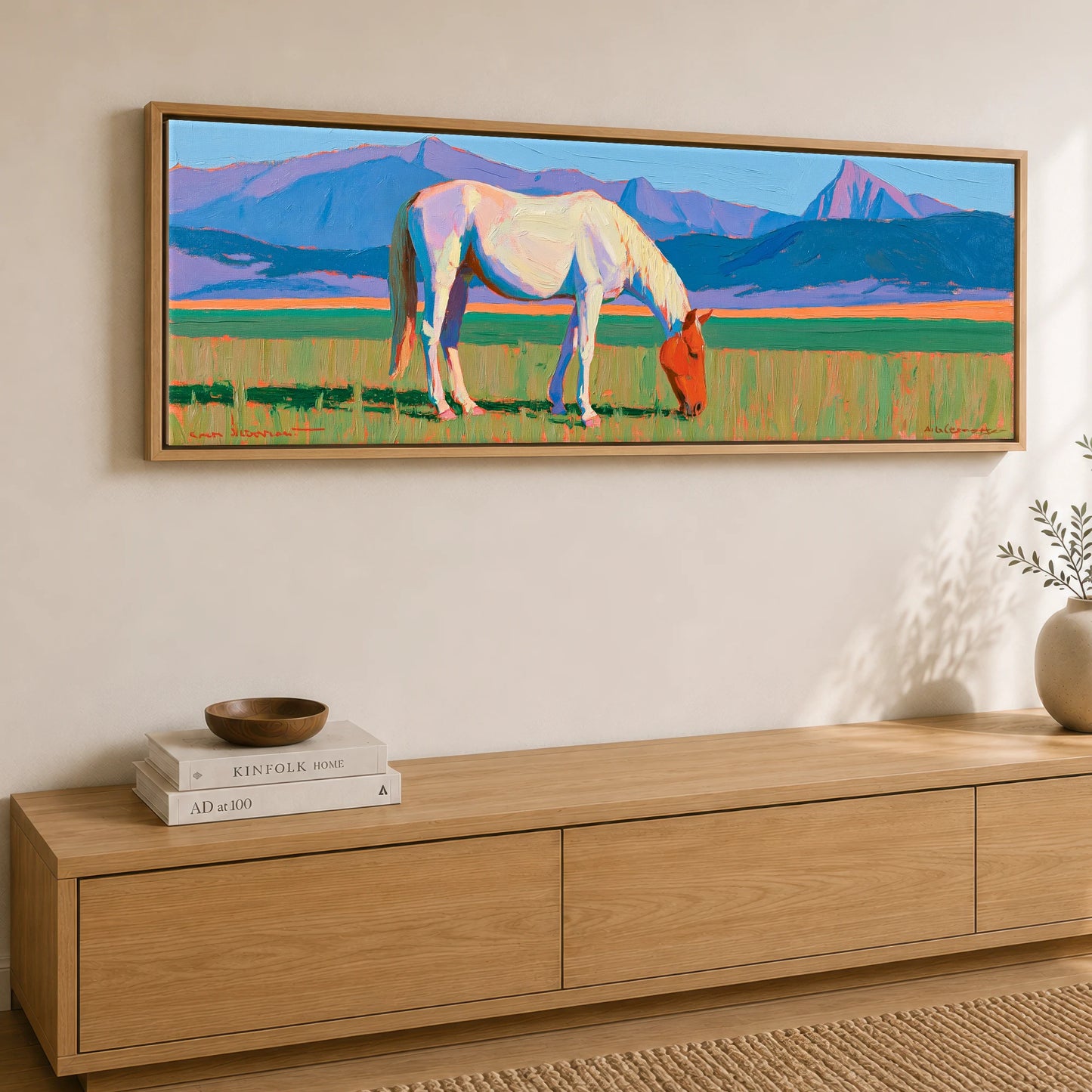 Vivid Mountain Pasture Horse Landscape panoramic canvas wall art displayed above a sideboard