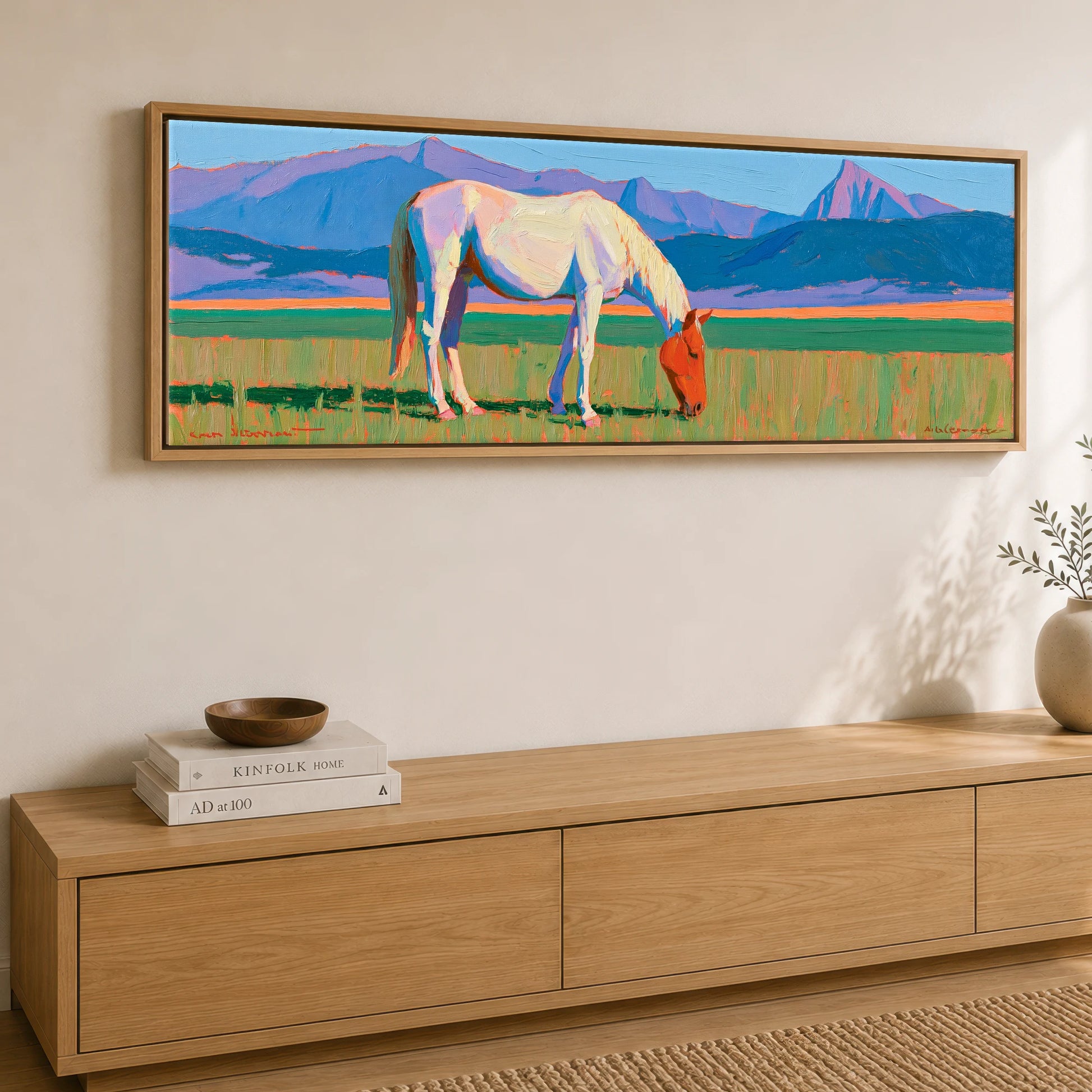 Vivid Mountain Pasture Horse Landscape panoramic canvas wall art displayed above a sideboard