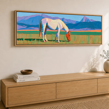 Vivid Mountain Pasture Horse Landscape panoramic canvas wall art displayed above a sideboard