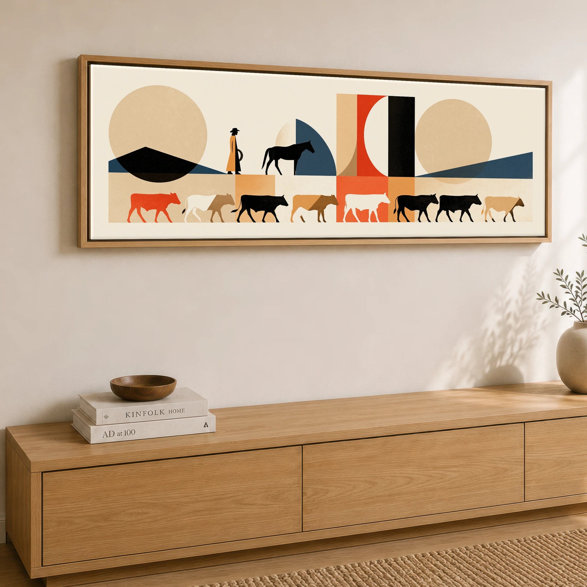 The Drover's Line Western Horse panoramic canvas wall art displayed above a sideboard