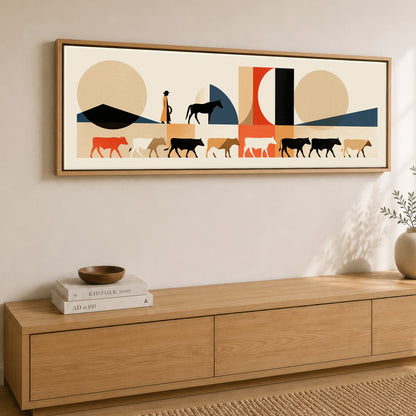 The Drover's Line Western Horse panoramic canvas wall art displayed above a sideboard
