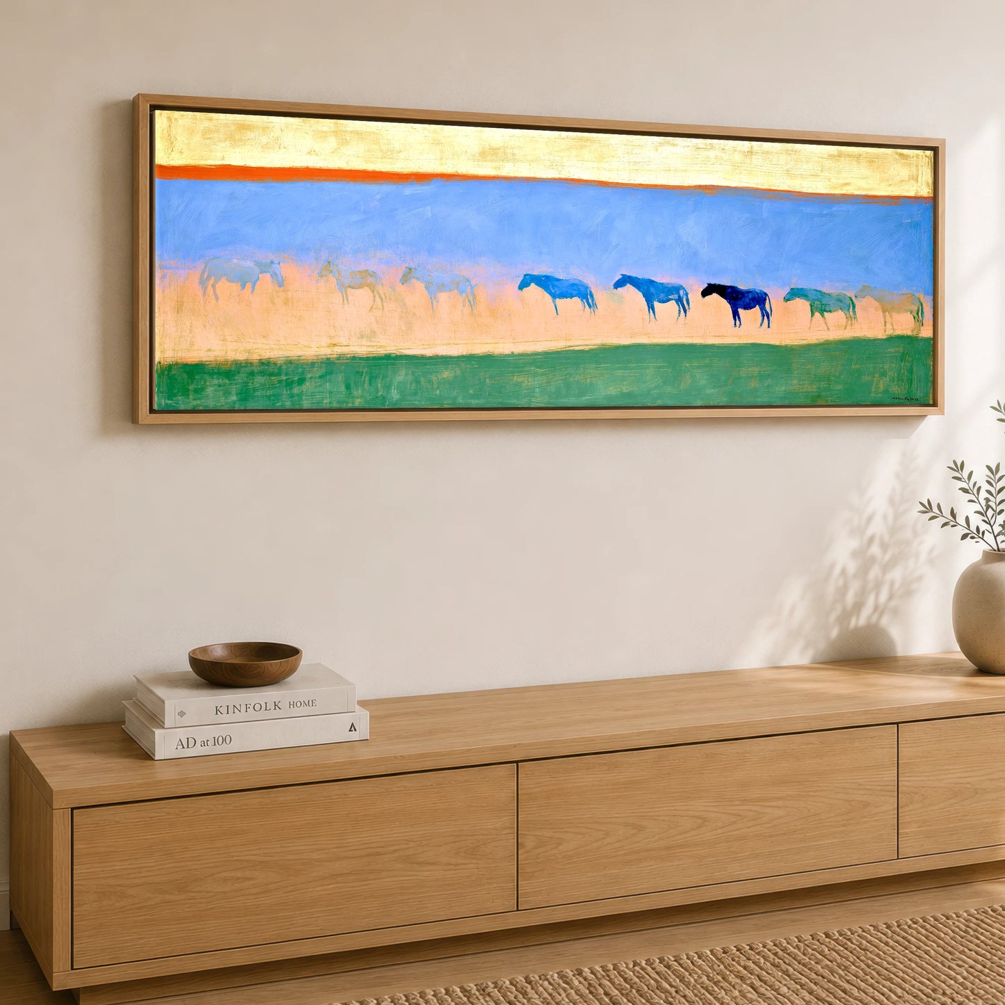 Cobalt Horizon Herd Horse Landscape panoramic canvas wall art displayed above a sideboard