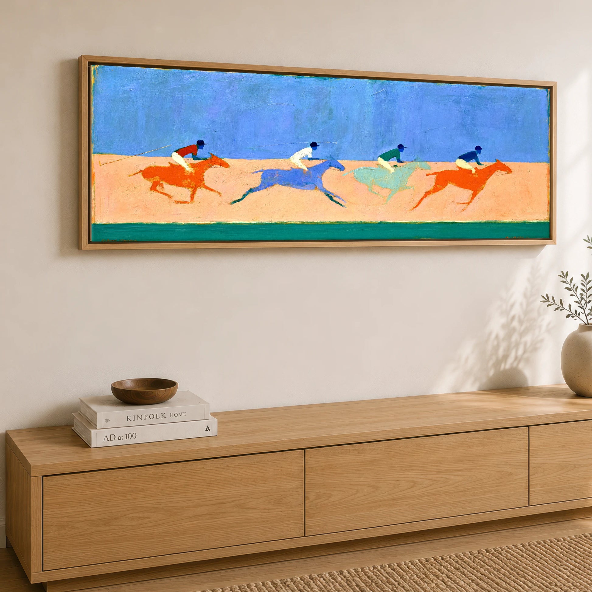 Colours of the Chukka Polo Horse panoramic canvas wall art displayed above a sideboard