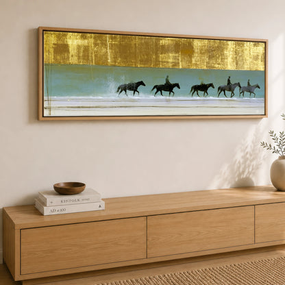 Gilded Shallows Beach Horse panoramic canvas wall art displayed above a sideboard