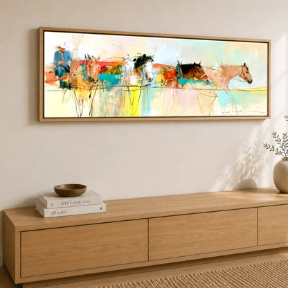 The Working String Working Horse panoramic canvas wall art displayed above a sideboard