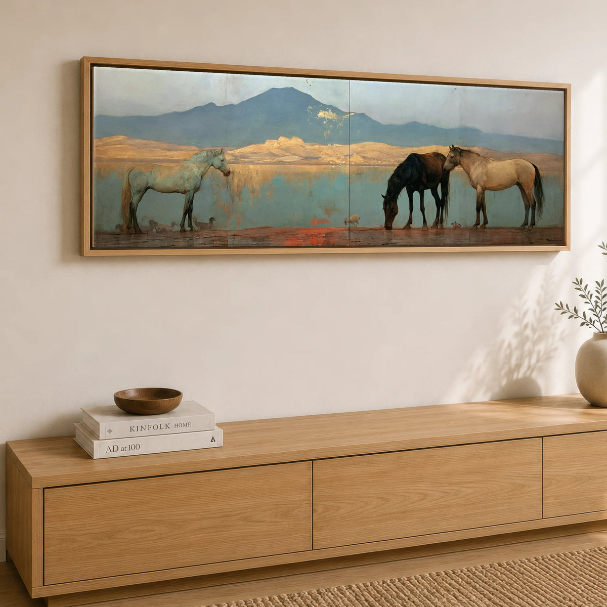 Gilded Shoreline Reflections Horse Landscape panoramic canvas wall art displayed above a sideboard