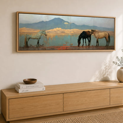 Gilded Shoreline Reflections Horse Landscape panoramic canvas wall art displayed above a sideboard