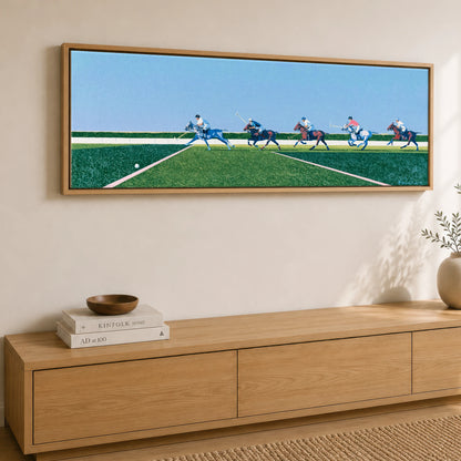 Rhythm of the Chukka Polo Horse panoramic canvas wall art displayed above a sideboard