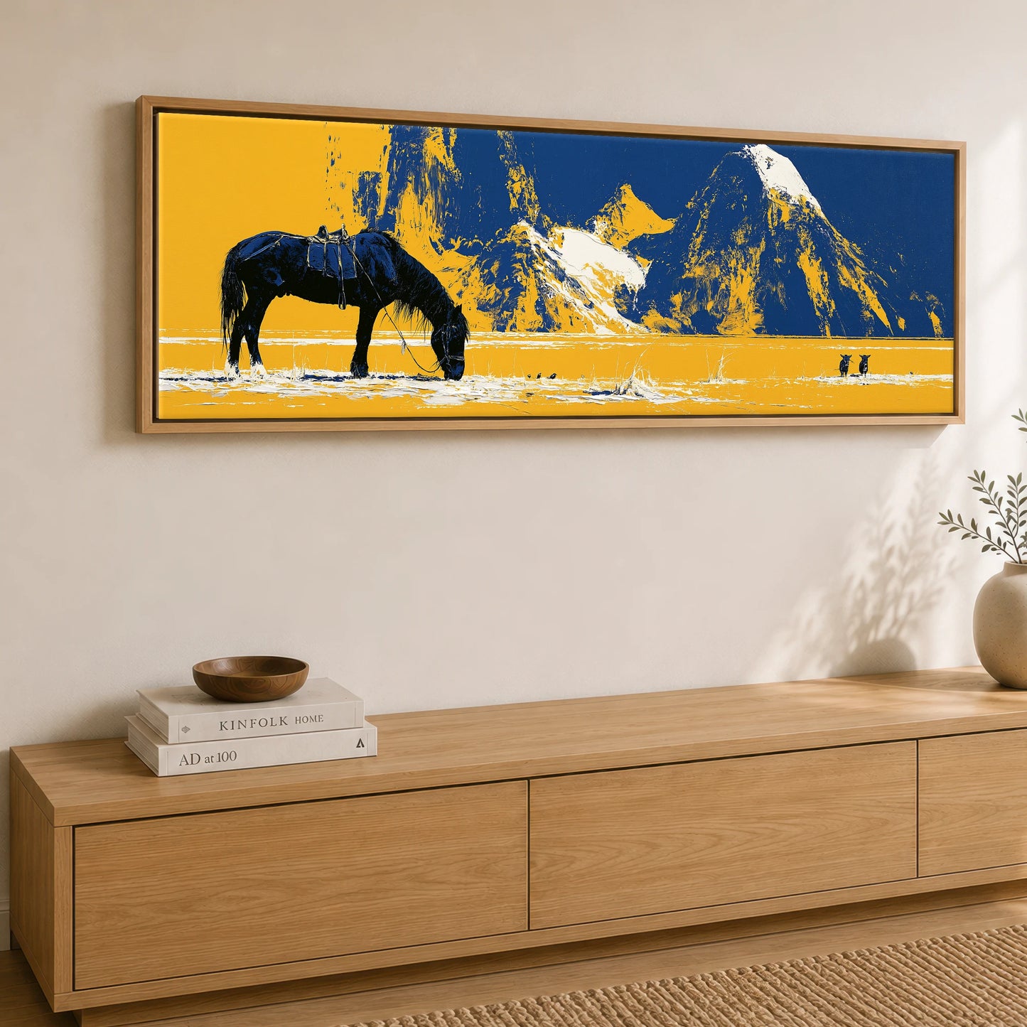 Ochre Plains and Navy Peaks Horse Landscape panoramic canvas wall art displayed above a sideboard
