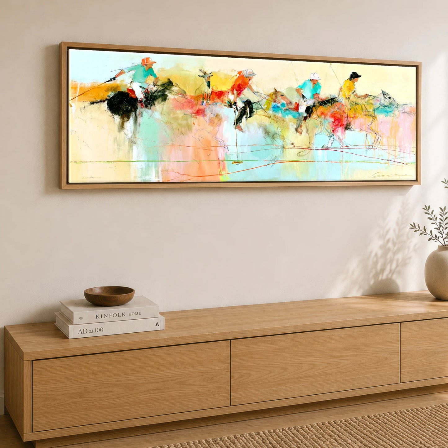 Vibrant Polo Pursuit Polo Horse panoramic canvas wall art displayed above a sideboard