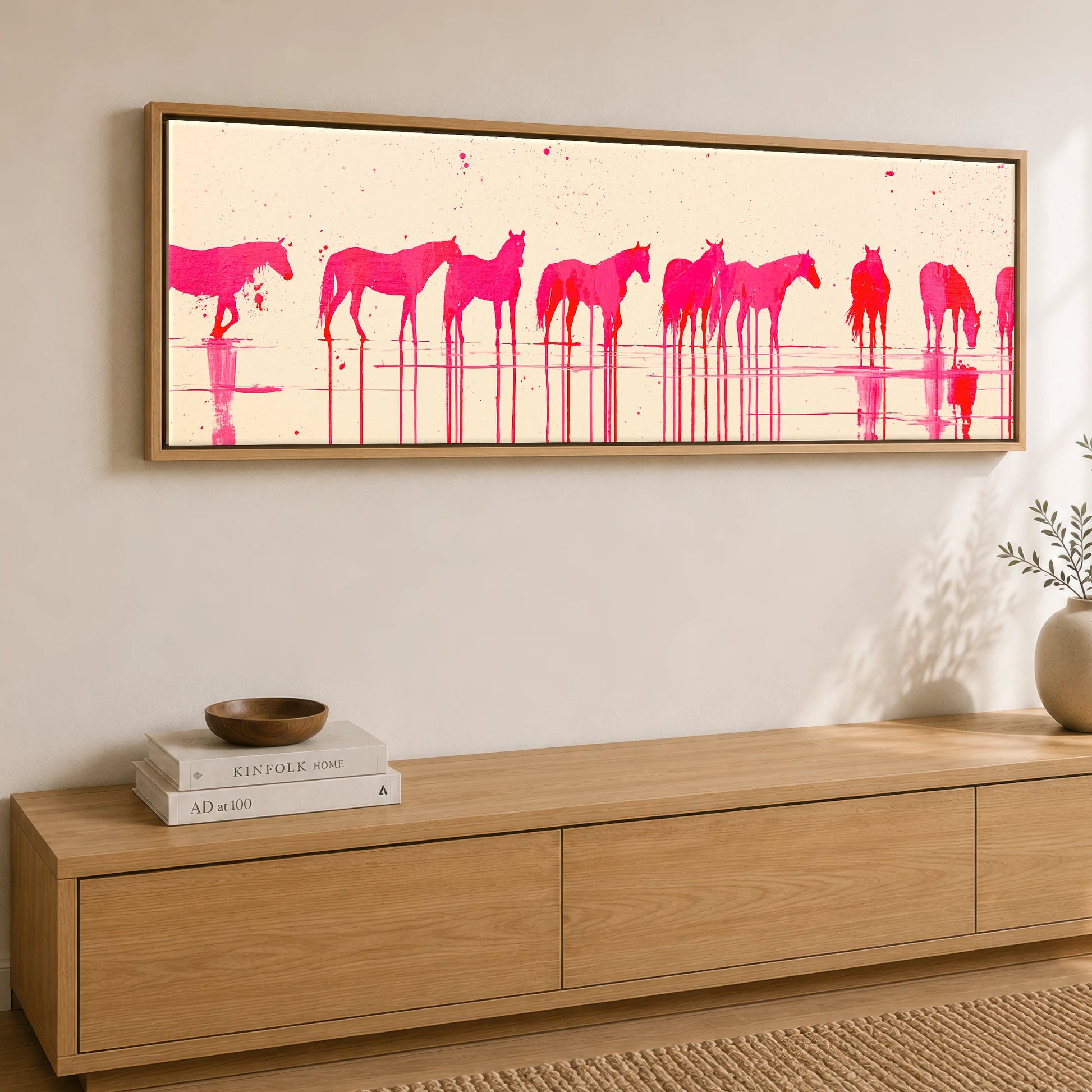 Magenta Equine Wash Beach Horse panoramic canvas wall art displayed above a sideboard
