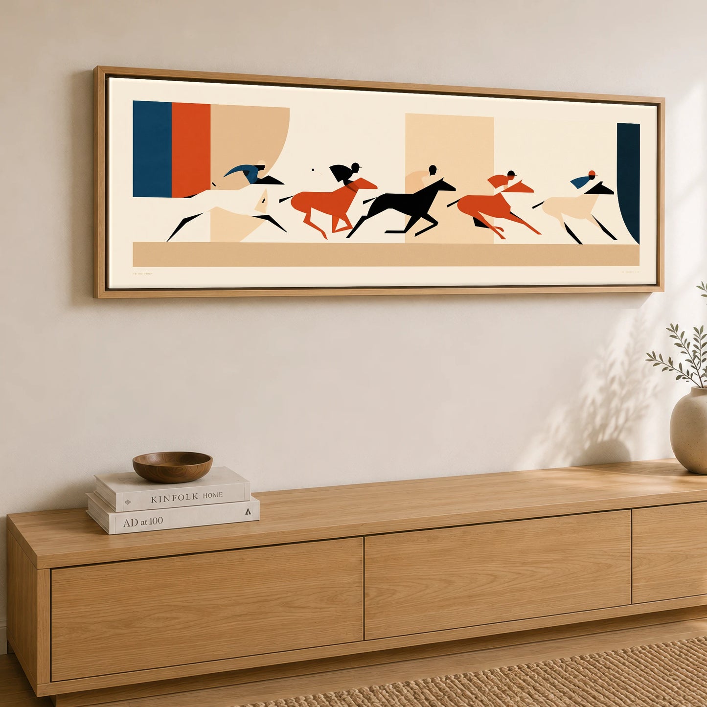 Retro Polo Pursuit Polo Horse panoramic canvas wall art displayed above a sideboard