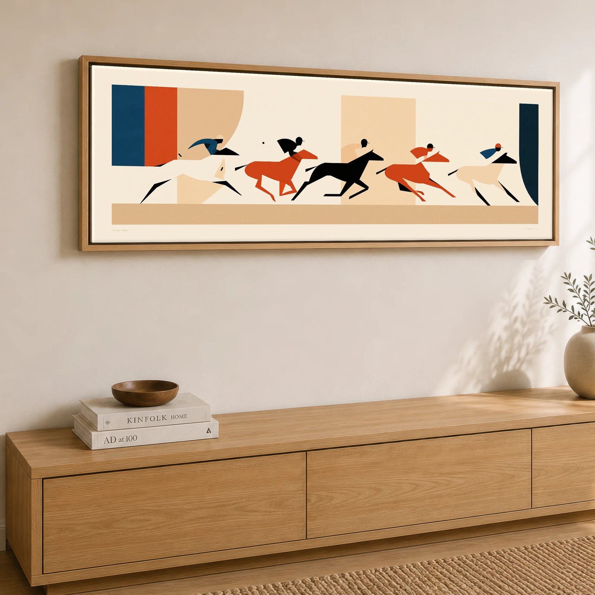 Retro Polo Pursuit Polo Horse panoramic canvas wall art displayed above a sideboard