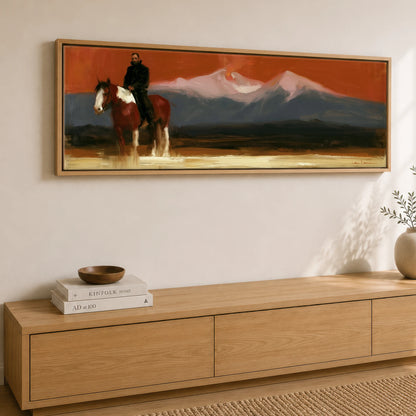 The Vast Horizon Horse Landscape panoramic canvas wall art displayed above a sideboard