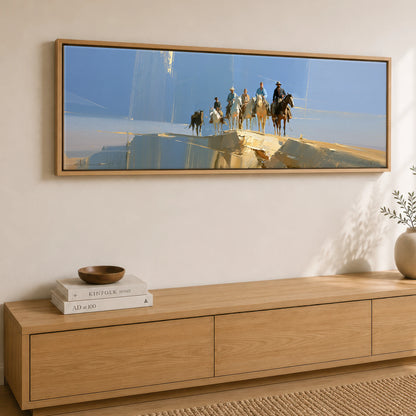 Cresting the Ridge Horse & Rider panoramic canvas wall art displayed above a sideboard