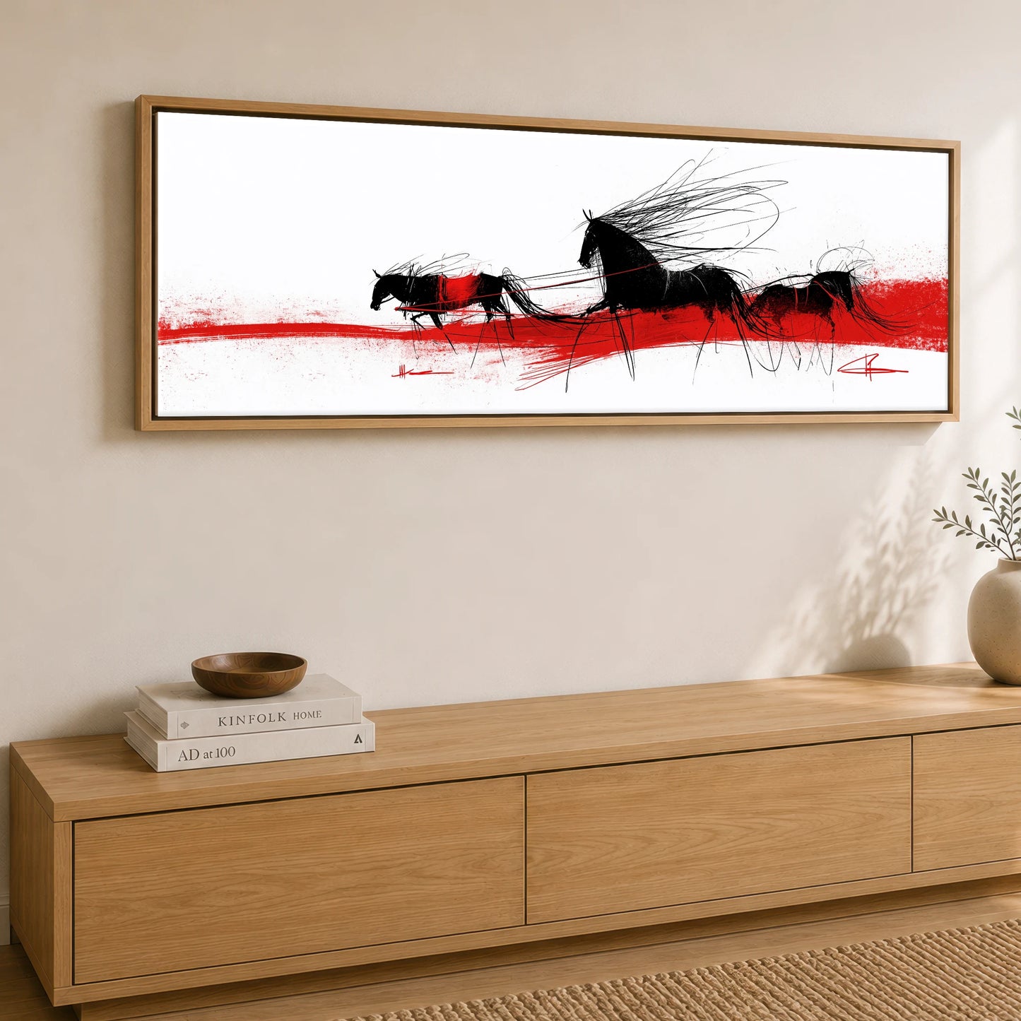 Crimson Traces Working Horse panoramic canvas wall art displayed above a sideboard