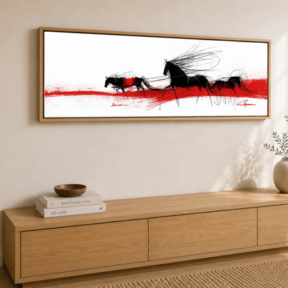 Crimson Traces Working Horse panoramic canvas wall art displayed above a sideboard